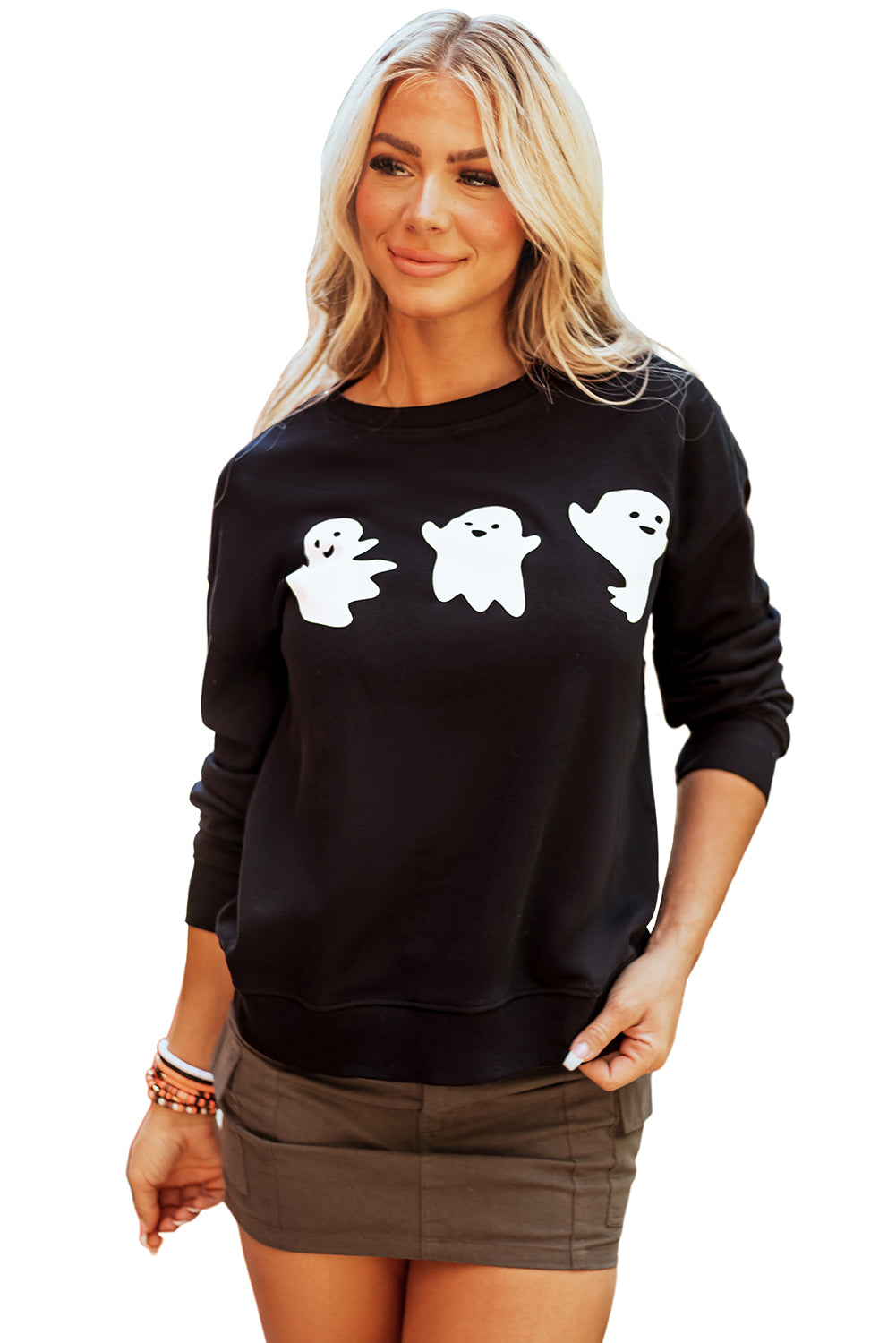 Black Halloween Ghosts Print Round Neck Sweatshirt