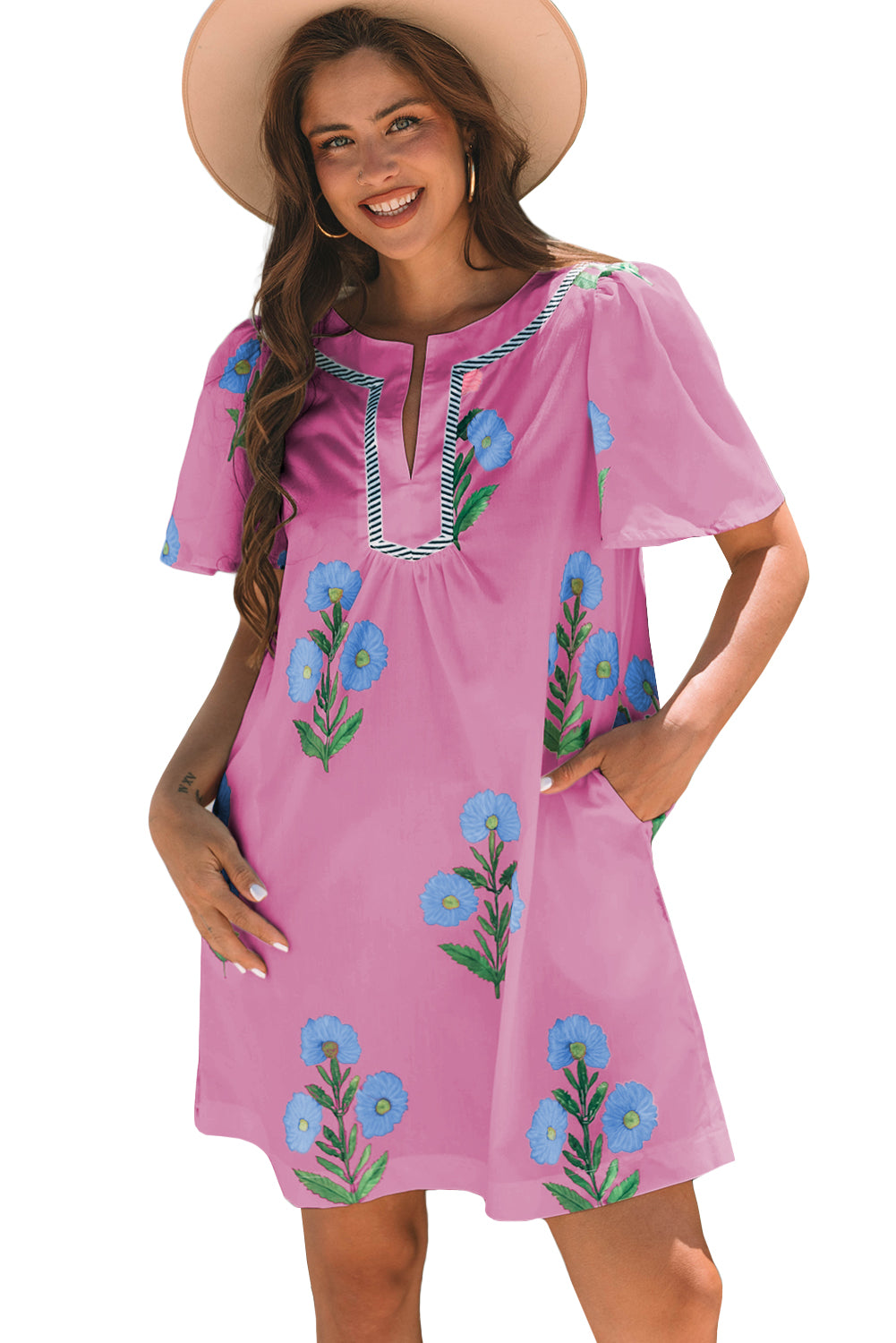 Rose Floral Short Sleeve Split Neck Loose Mini Dress