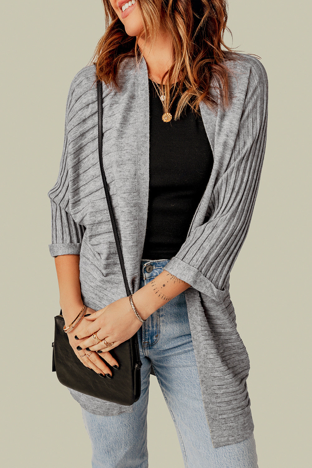 Gray Ribbed Open Front Knit Cardigan