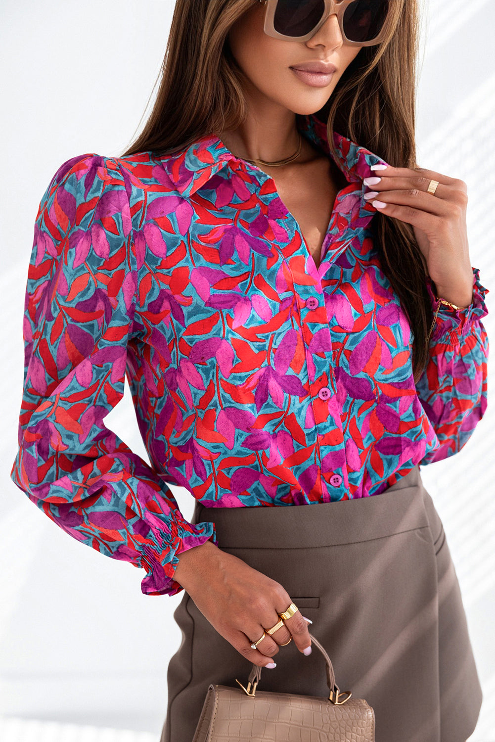 Multicolor Abstract Floral Button Up Long Puff Sleeve Shirt