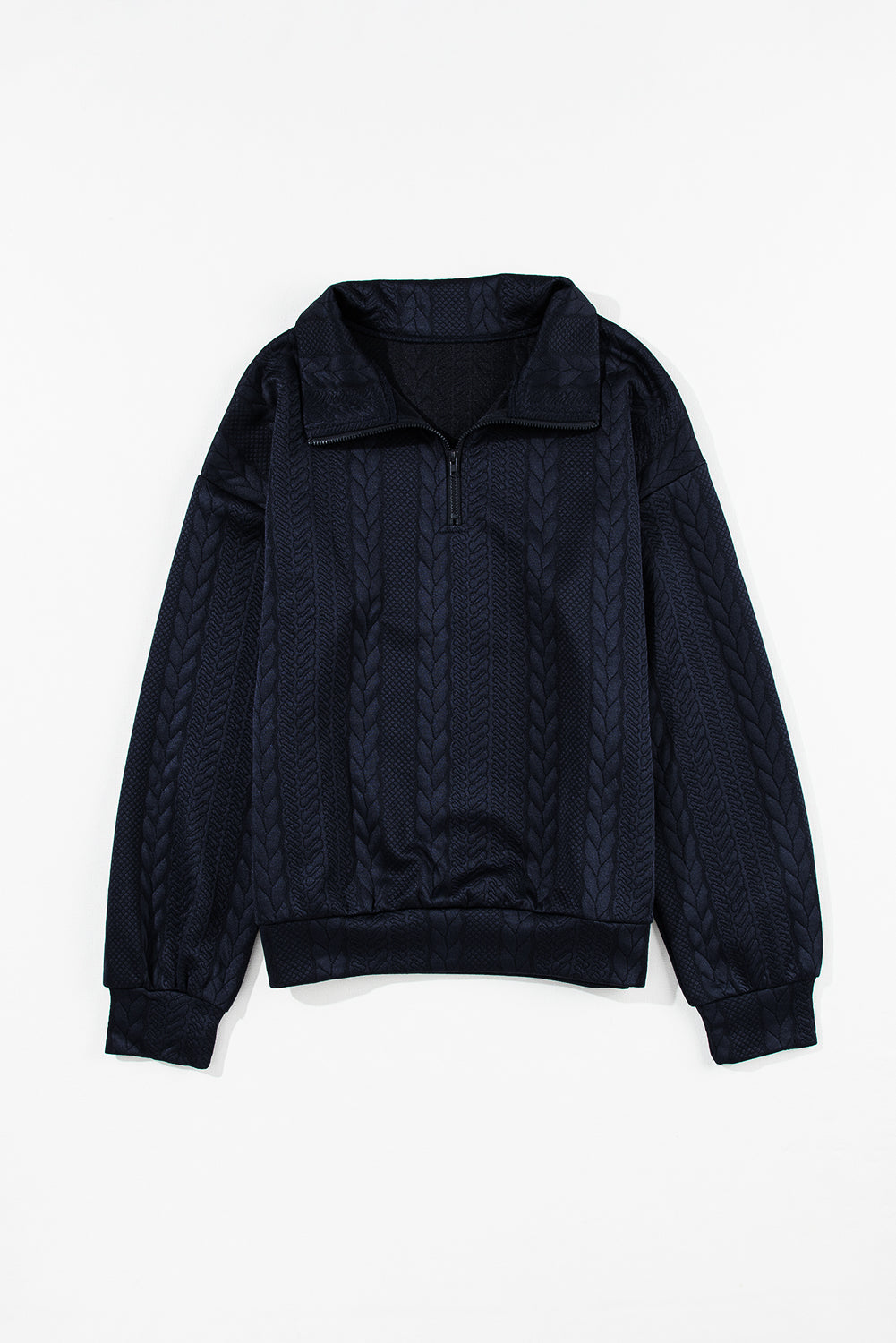 Navy Blue Zip up Cable Textured Sweatshirt