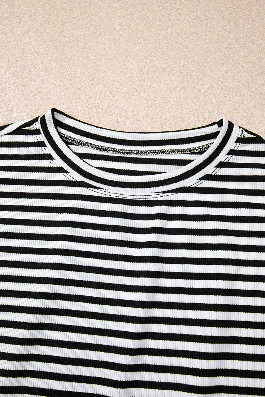 Black Stripe Ribbed Cap Sleeve Round Neck T Shirt