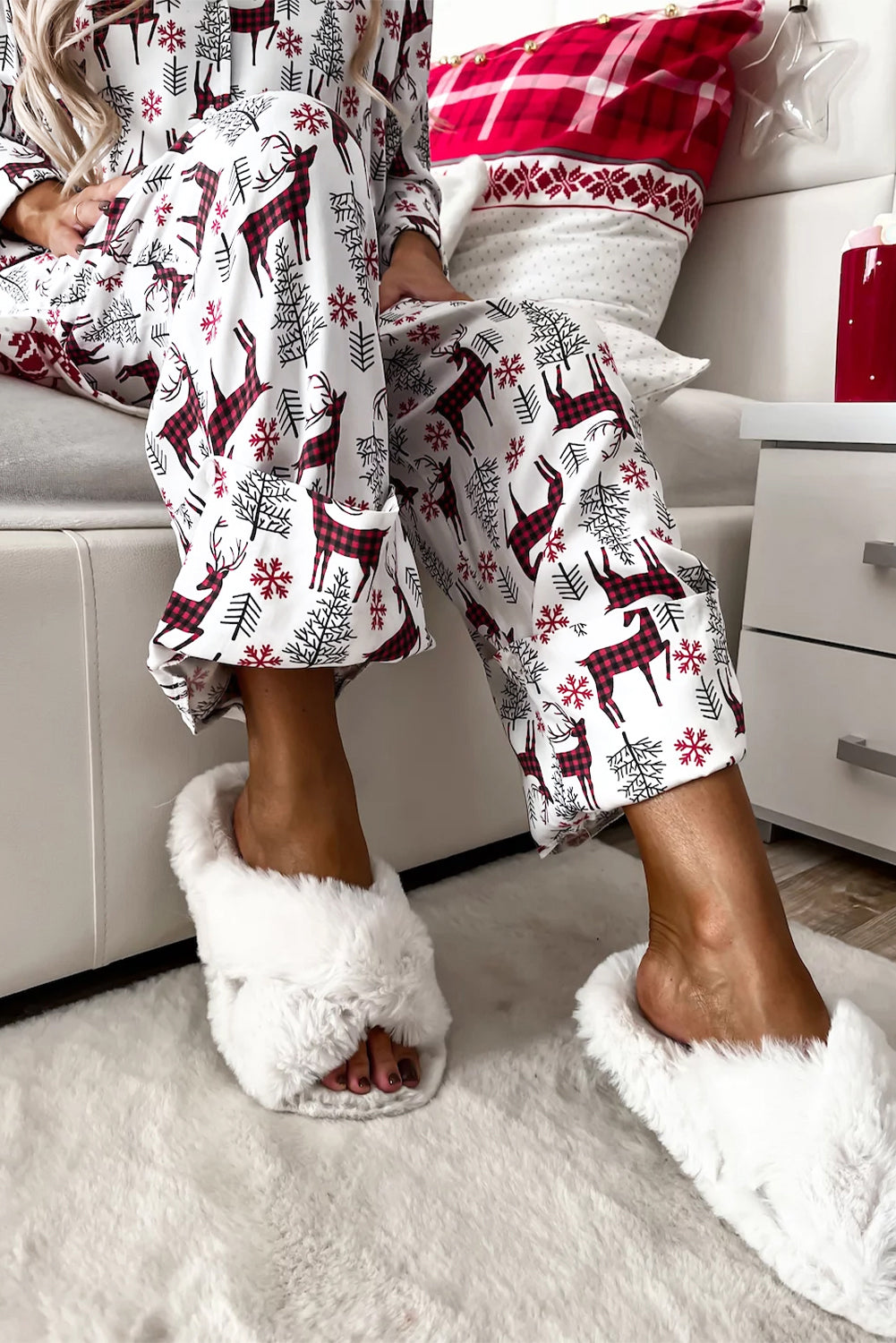 Light Grey Christmas Printed Shirt and Pants Pajama Set