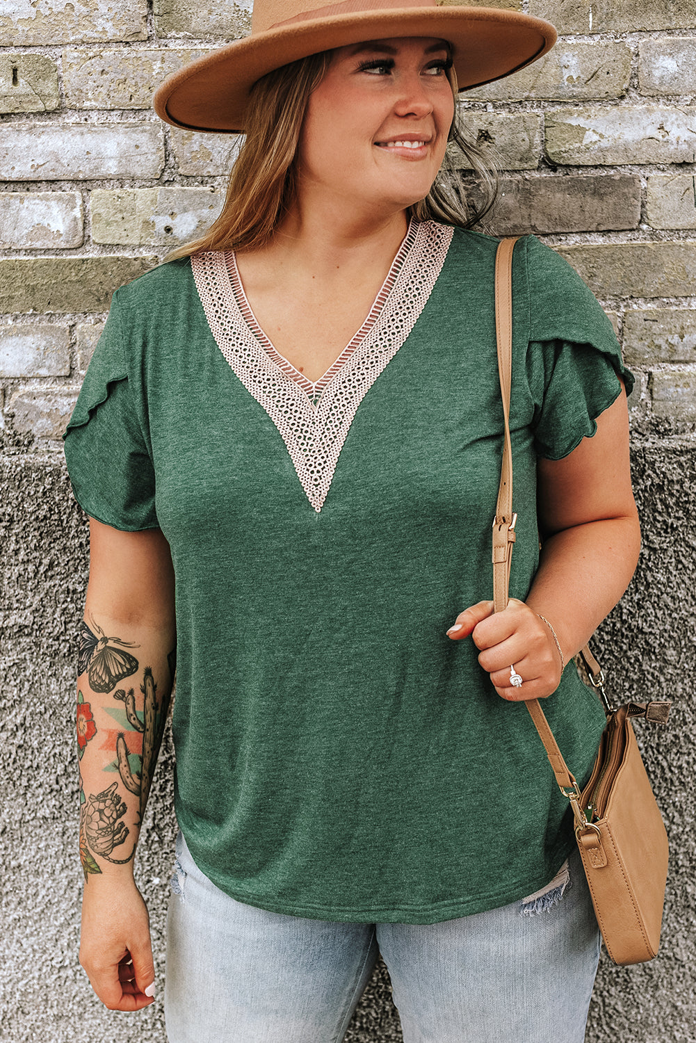 Blackish Green Plus Size Embroidery V Neck Draped Sleeve Blouse