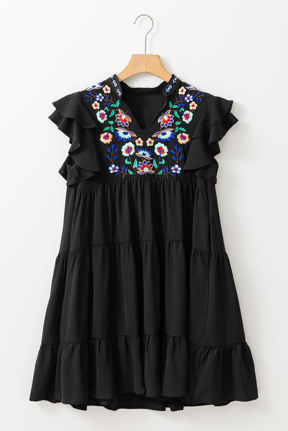 Black Floral Embroidered Tiered Ruffled Mini Dress