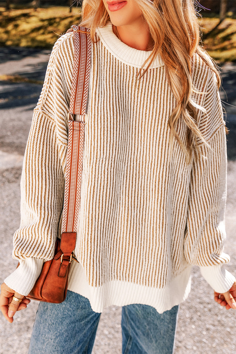 Bright Pink Striped Textured Knit Contrast Edge Loose Sweater