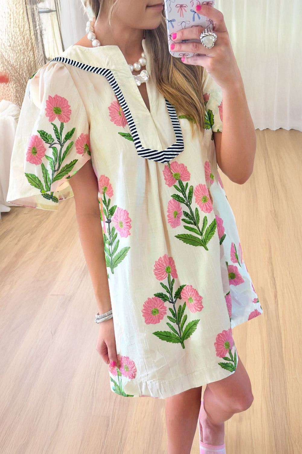 Rose Floral Short Sleeve Split Neck Loose Mini Dress