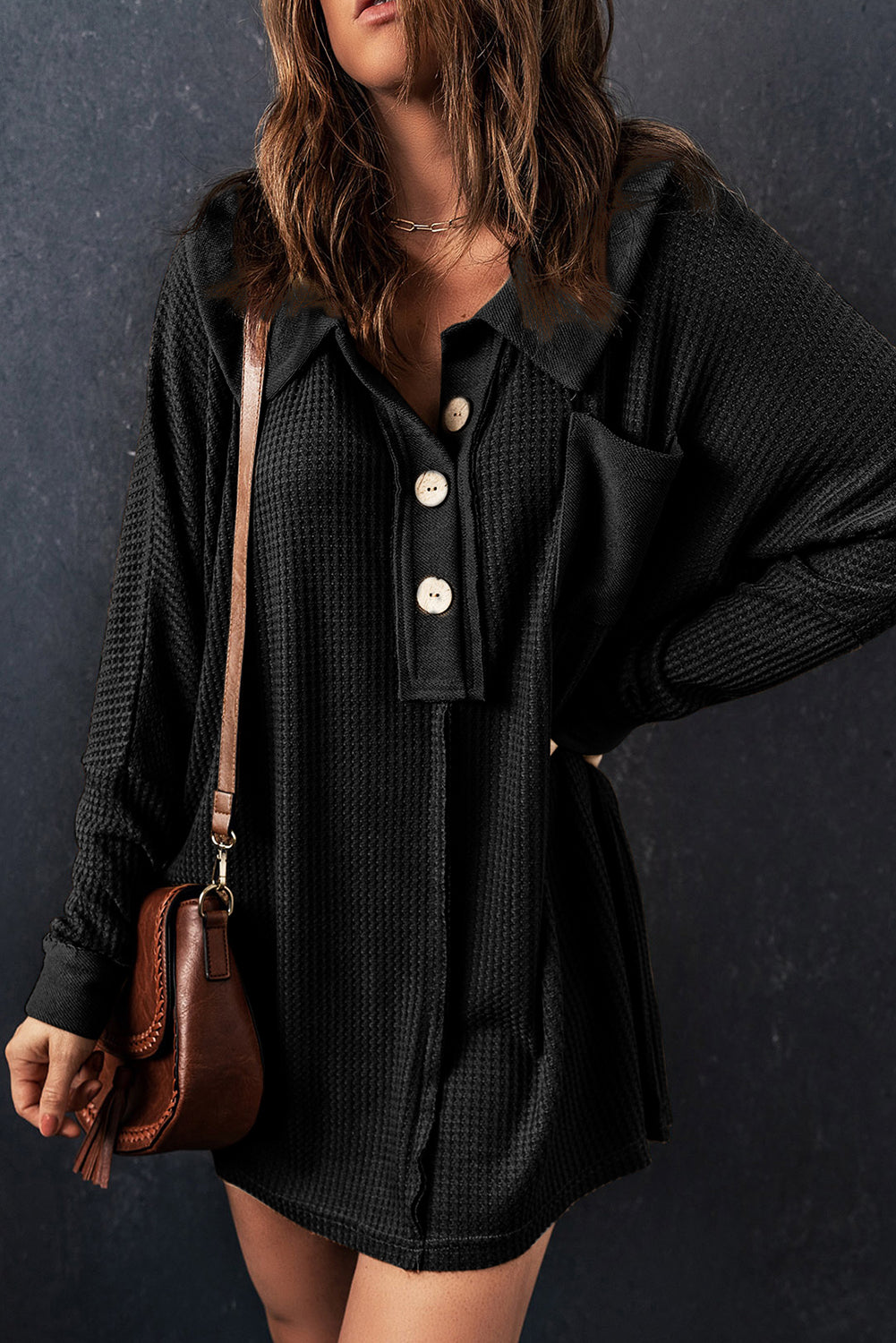 Black Waffle Knit Buttoned Long Sleeve Top