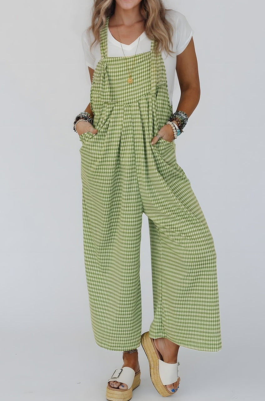 Green Gingham Wide Leg Loose Overall with Pockets