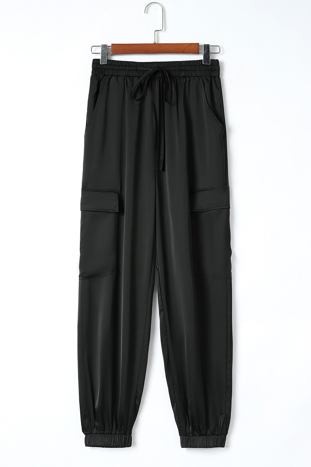 Black Satin Pocketed Drawstring Elastic Waist Pants