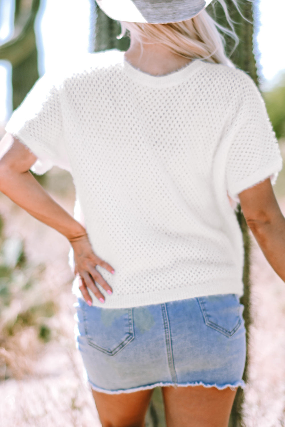 White Fuzzy Eyelet Knitted Sweater T-shirt