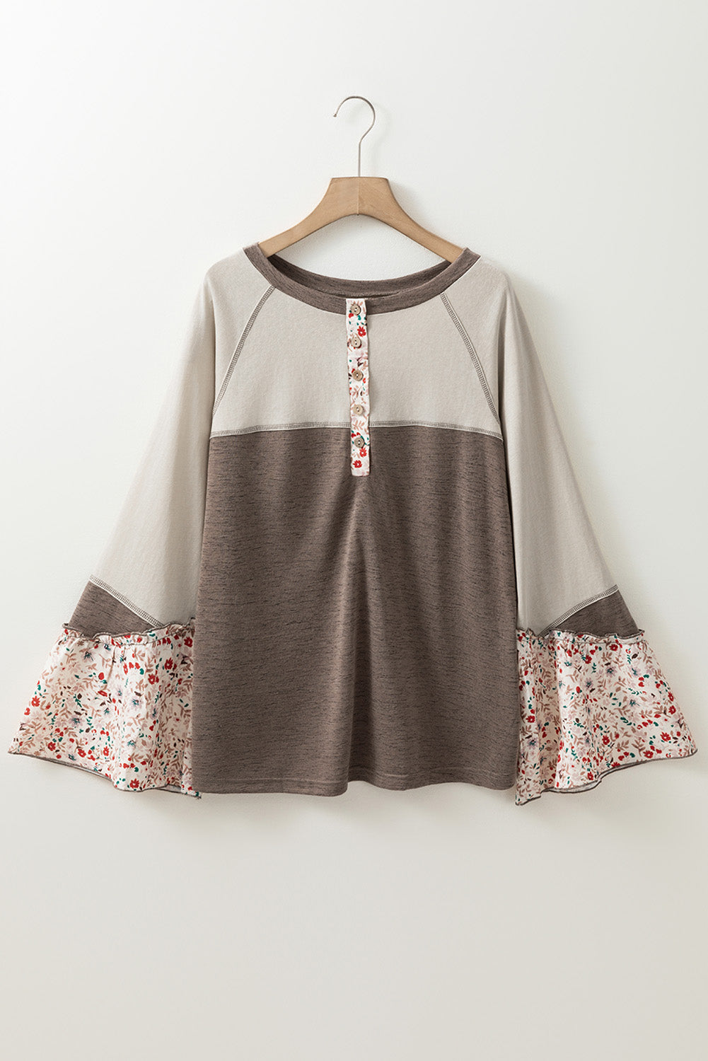 Colorblock Floral Patchwork Flared Sleeve Buttons Henley Top