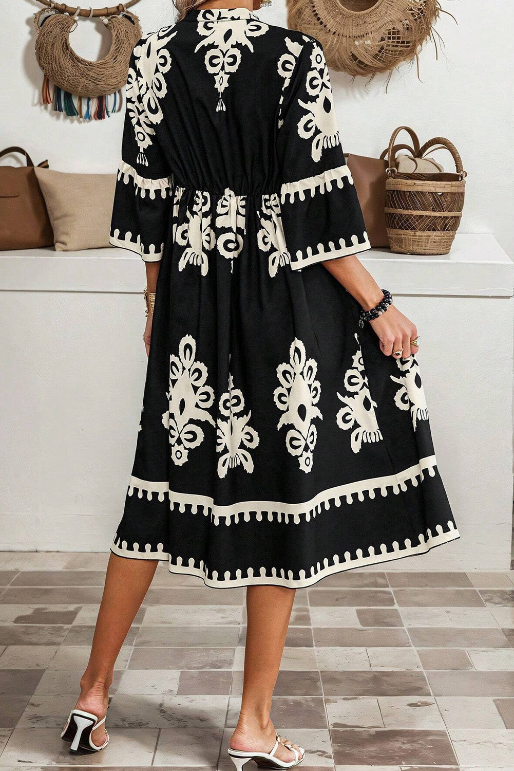 Black Geometric Print 3/4 Sleeve Midi Dress