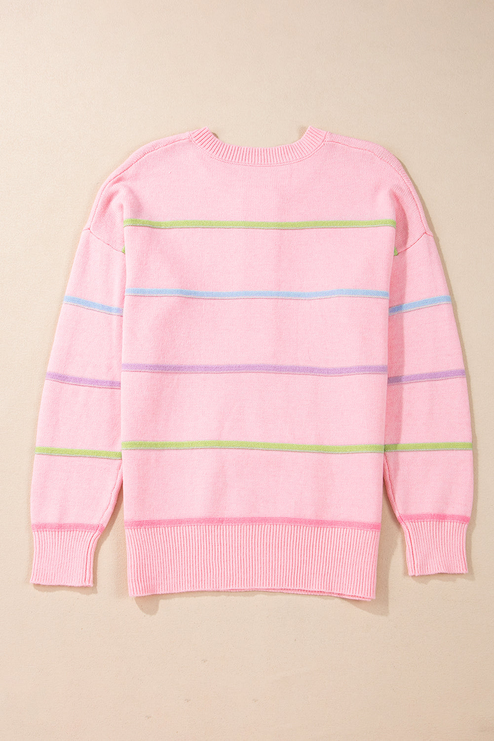 Pink Rainbow Stripes Drop Shoulder Baggy Henley Sweater