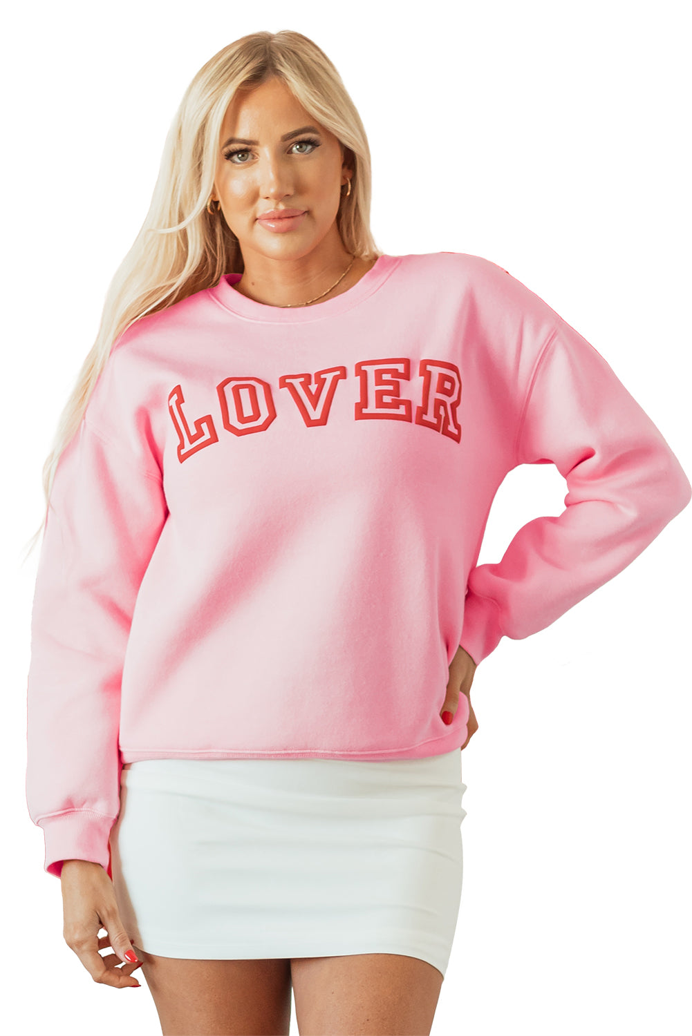 Pink LOVER Puff Print Drop Shoulder Pullover Sweatshirt