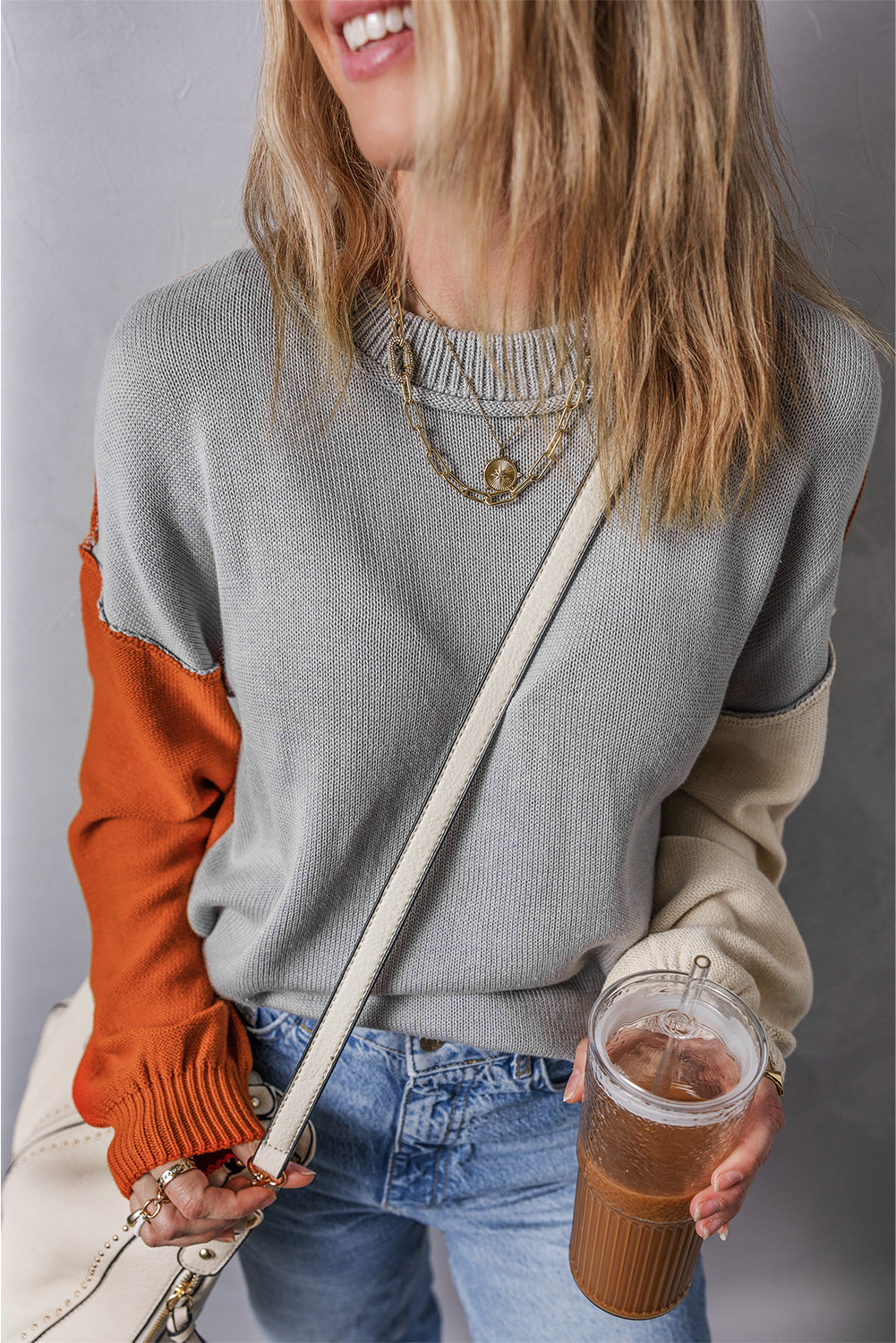 Gray Colorblock Bishop Sleeve Ribbed Trim Sweater