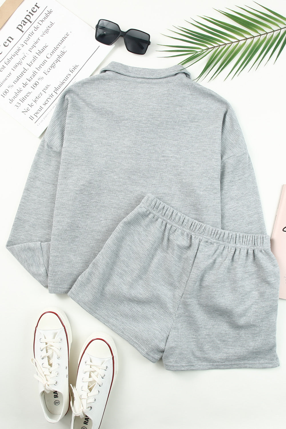 Gray Ribbed Zipper Sweatshirt and High Waist Shorts Set