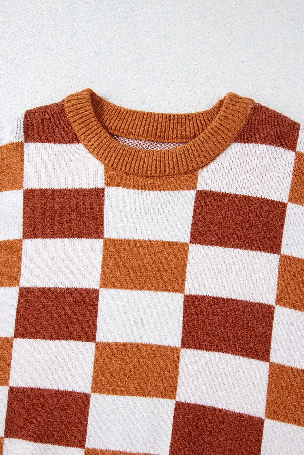 Orange Checkered Ribbed Edge O Neck Drop Shoulder Sweater