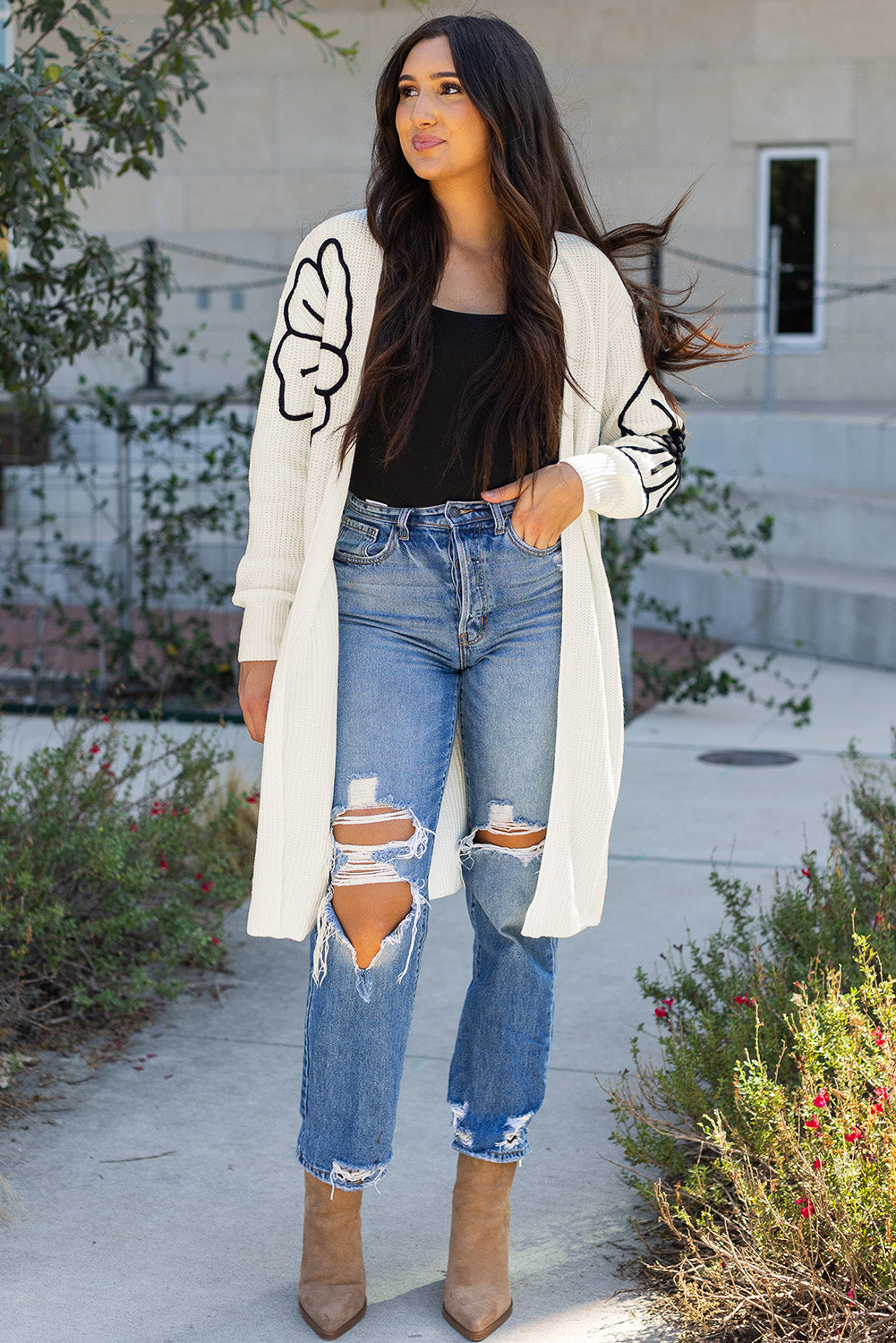 Black Flower Embroidered Drop Shoulder Open Front Duster Cardigan