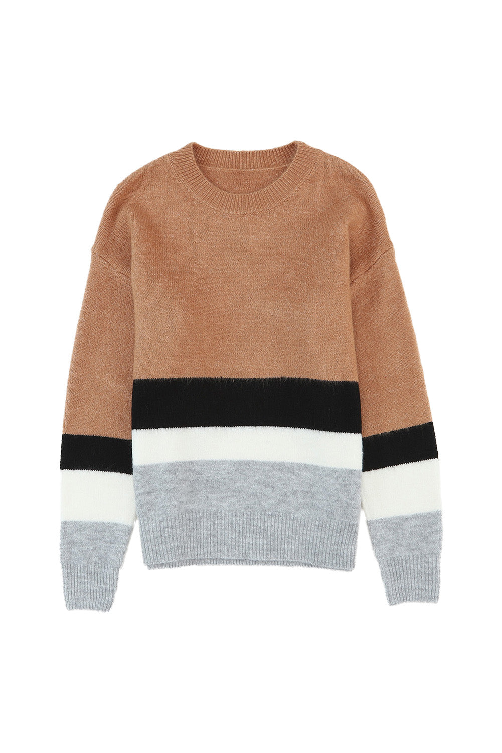 Brown Color Block Striped Ribbed Knit Sweater