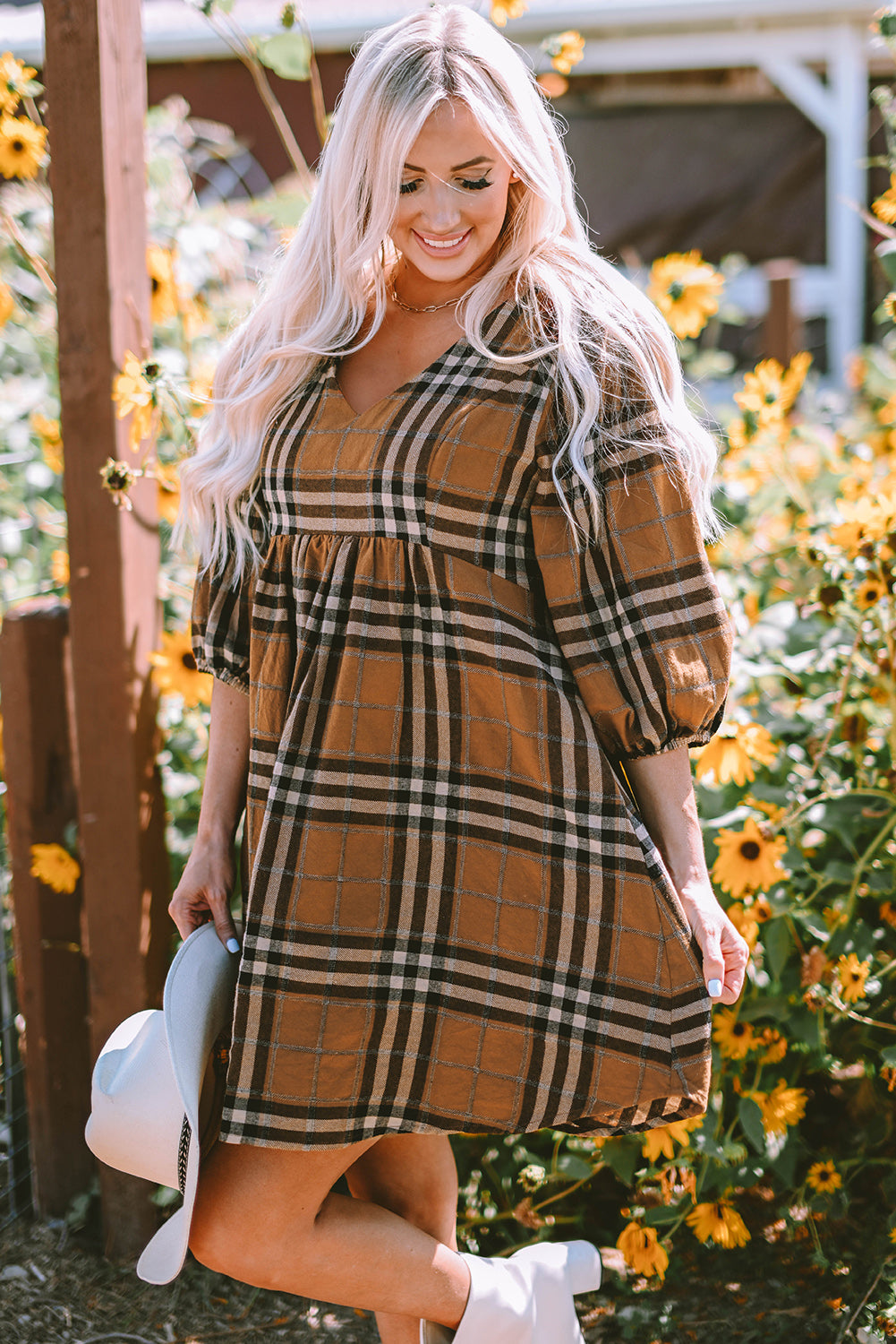 Brown Plaid Pattern Empire Waist Babydoll Dress