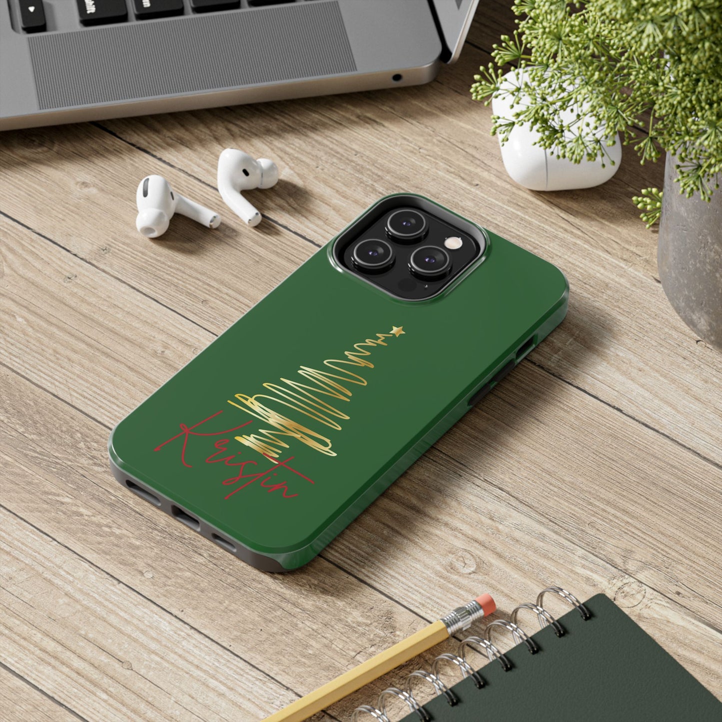 Personalized Christmas Tree Phone Case- Green and Gold