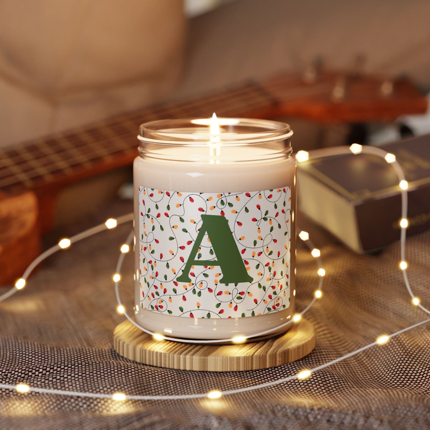 Personalized String Lights with Initial Holiday Soy Candle | 9oz Candle, Custom Gift, Christmas Decor, Home Fragrance, Seasonal Candle