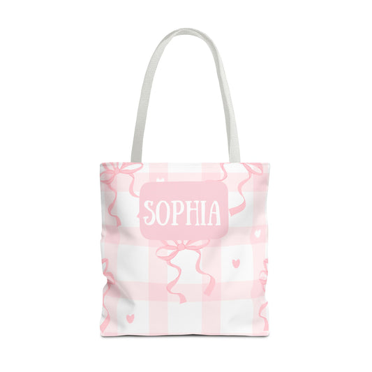 Personalized Pink Gingham Tote Bag with Bow Design