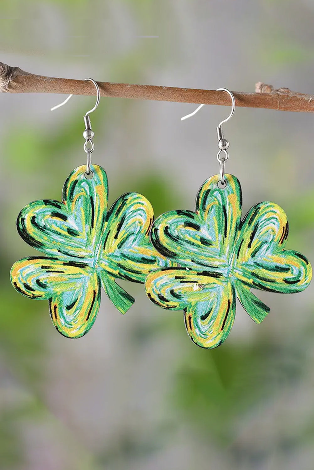 Light Green St. Patrick Painted Shamrock Shape Drop Earrings