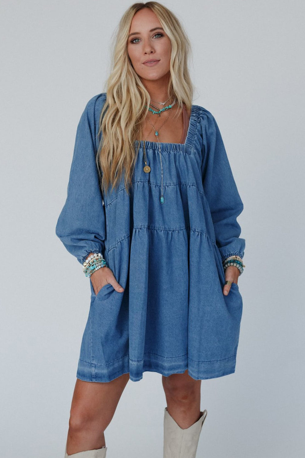 Dusk Blue Square Neck Side Pockets Loose Fit Denim Mini Dress