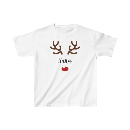 Personalized Kids Reindeer Tee, Christmas Kids Shirt, Holiday T-Shirt, Cute Cabin Wear, Fun Gift for Kids, Christmas Party Outfit