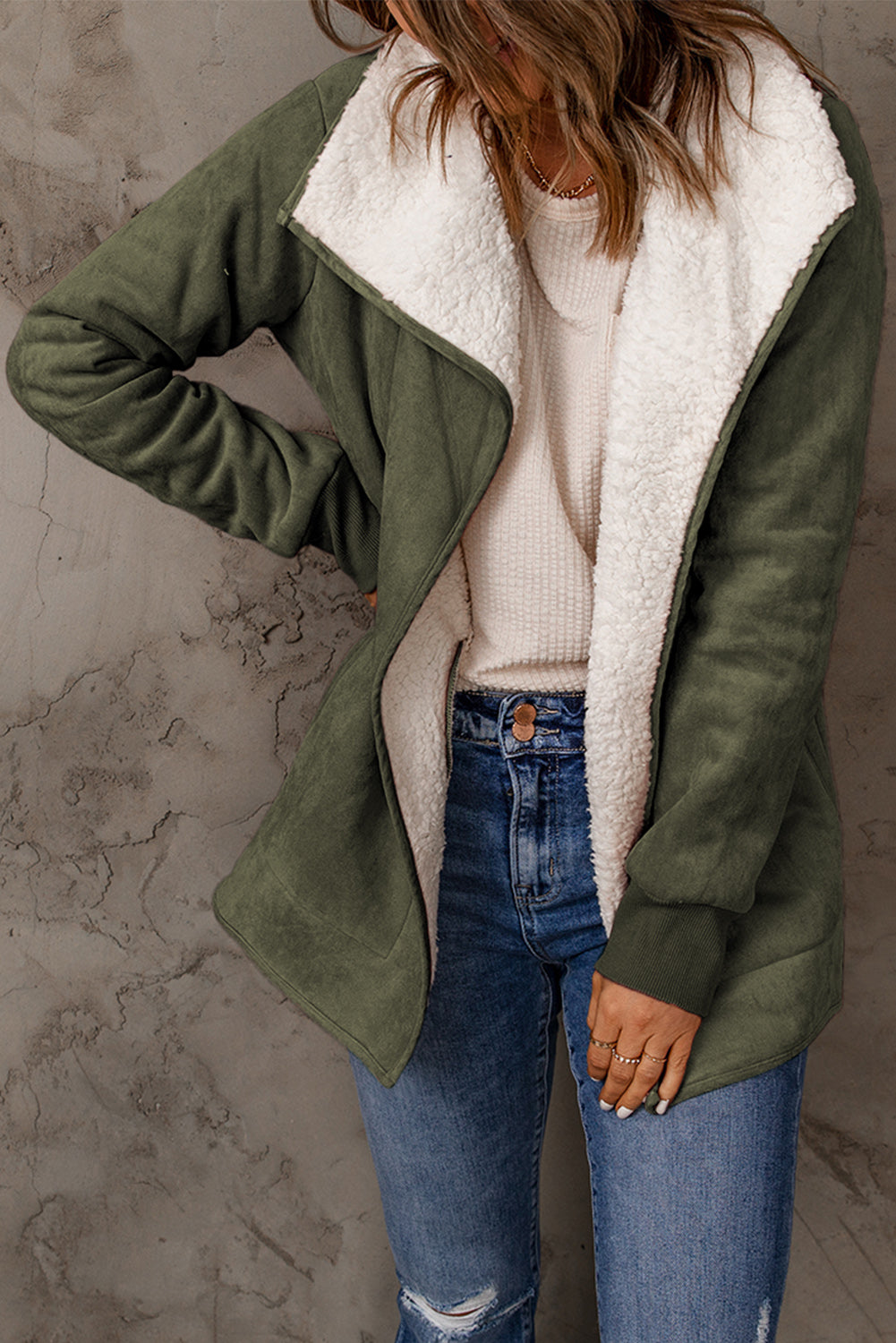 Green Faux Suede Fleece Lined Open Front Jacket