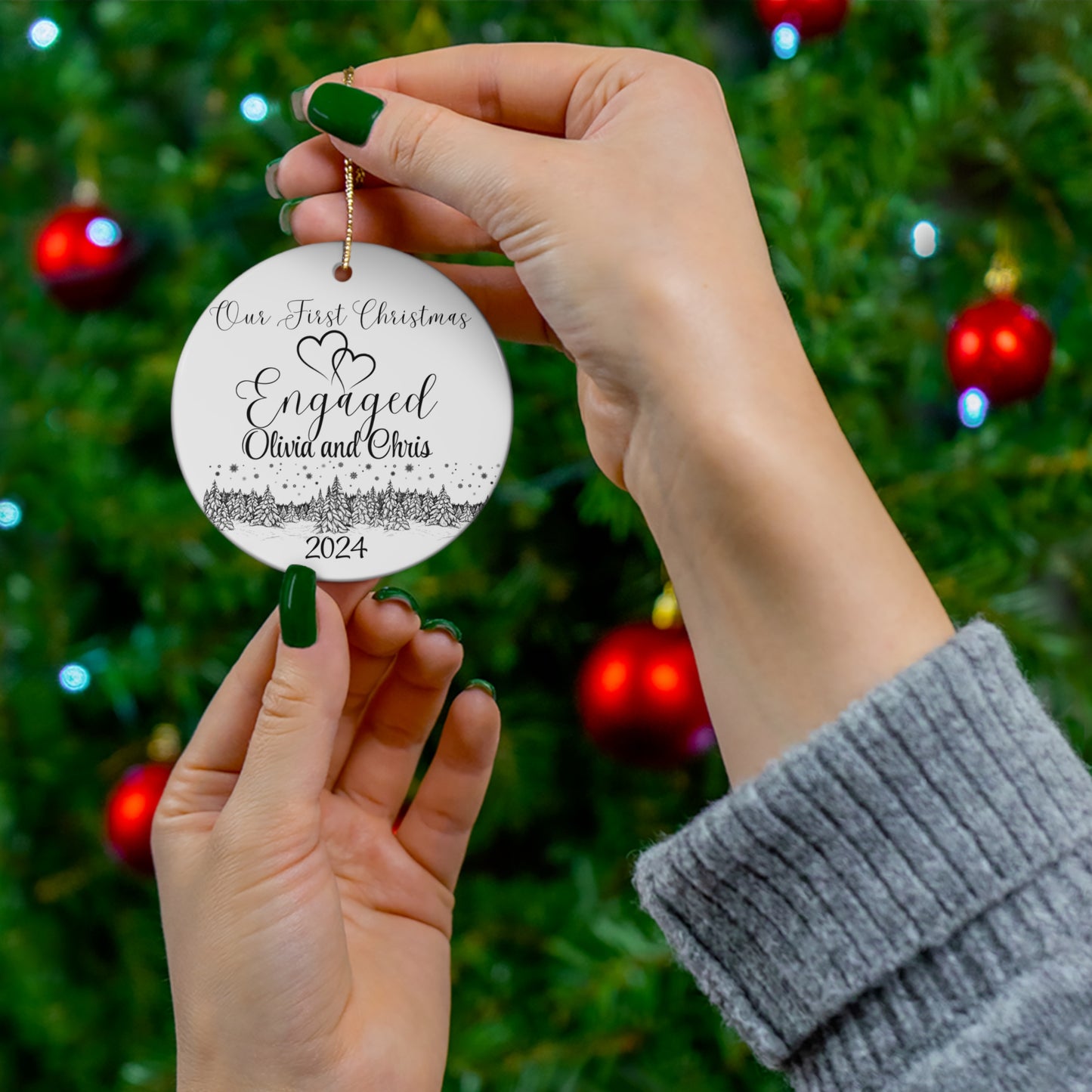 Engaged Christmas Ceramic Ornament - Personalized Wedding Keepsake 2024