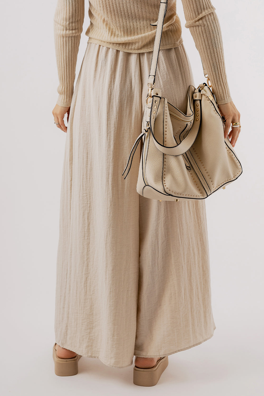 Beige Drawstring Waist Pleated Wide Leg Casual Pants