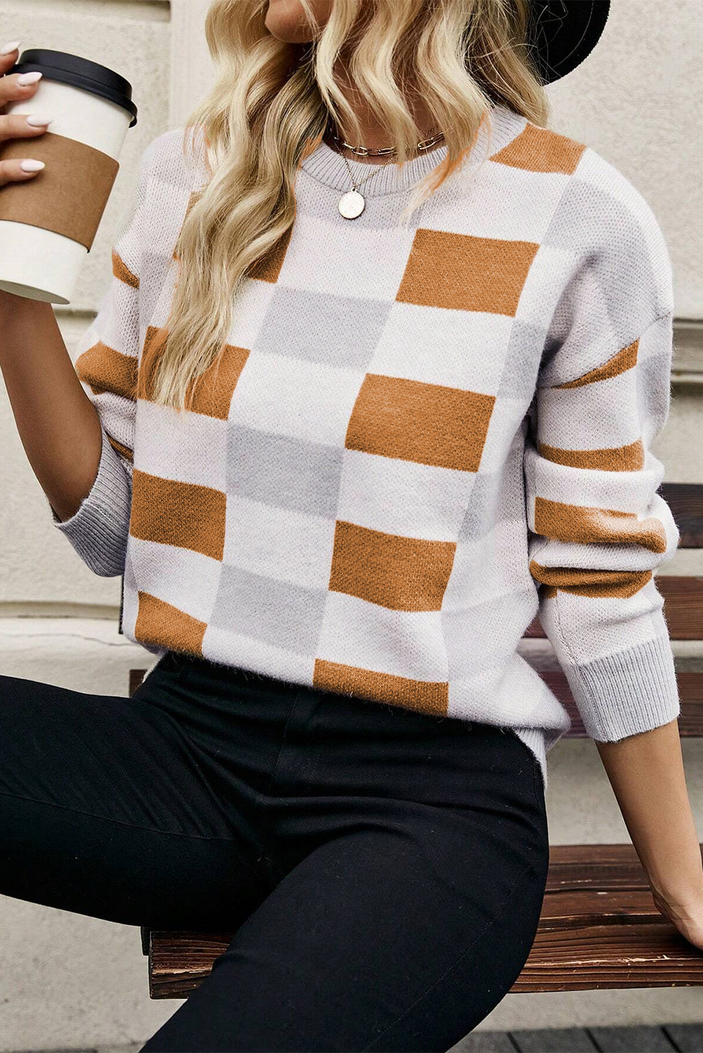 Black Checkered Ribbed Edge O Neck Drop Shoulder Sweater