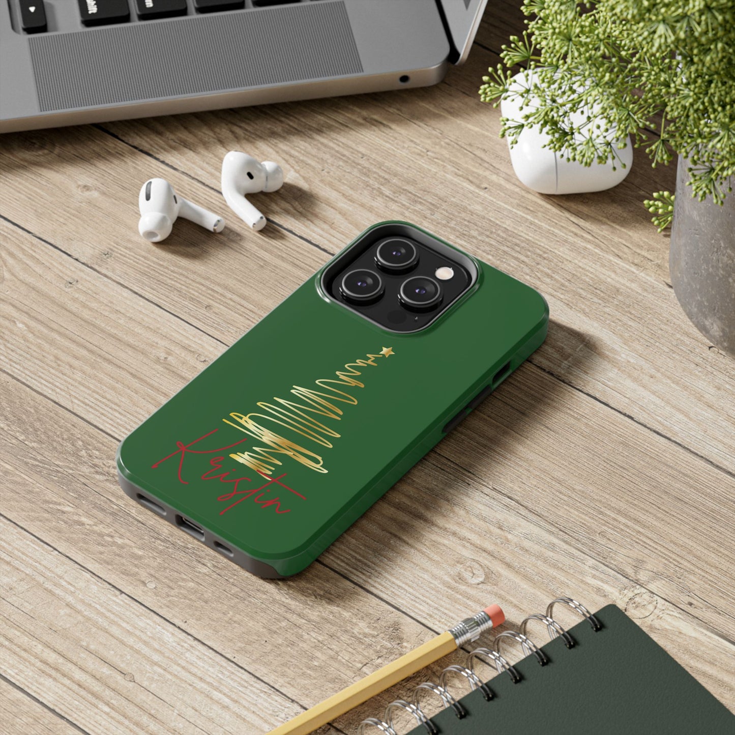 Personalized Christmas Tree Phone Case- Green and Gold