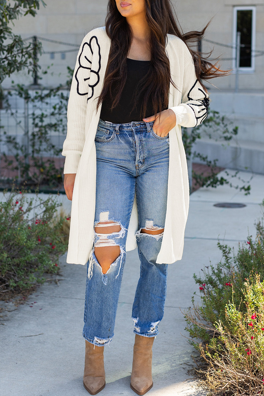 Black Flower Embroidered Drop Shoulder Open Front Duster Cardigan