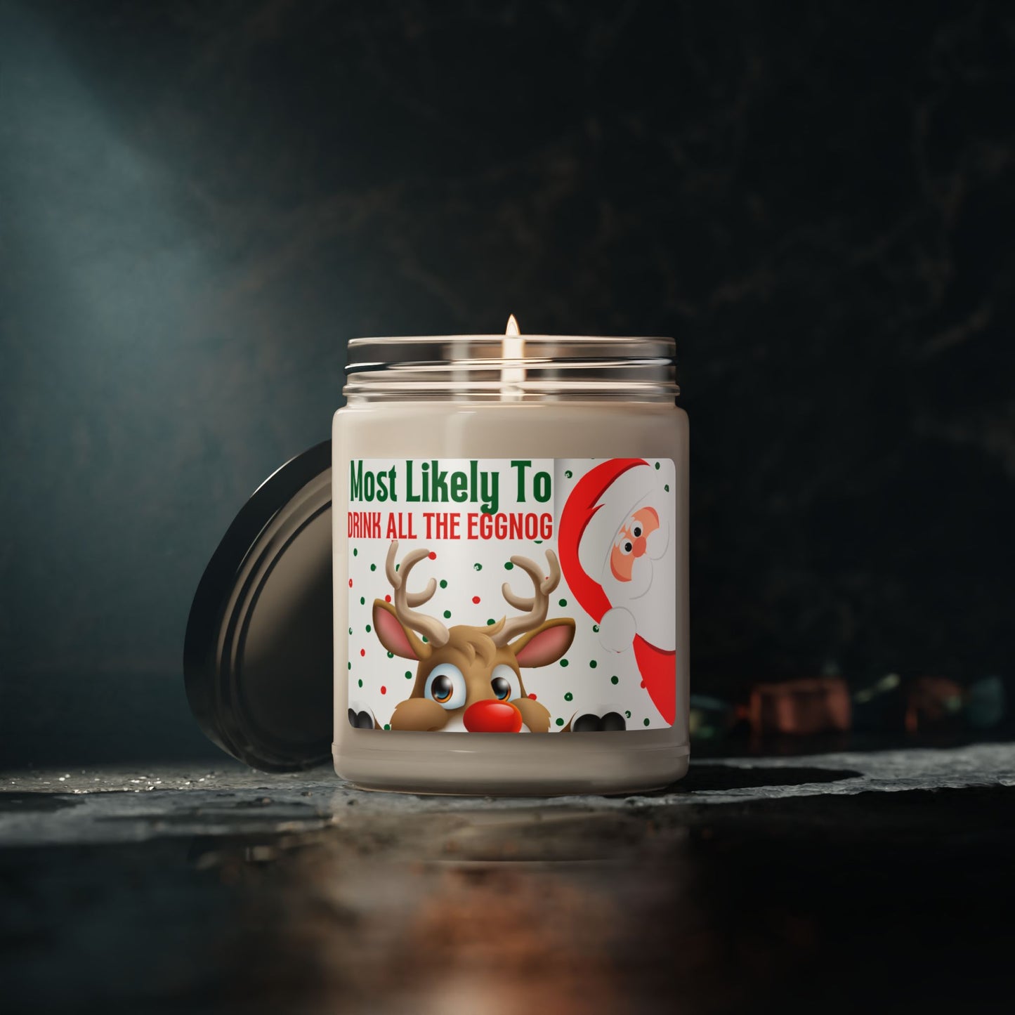 Funny Christmas Scented Soy Candle - "Most Likely to Drink All the Eggnog", Santa Candle