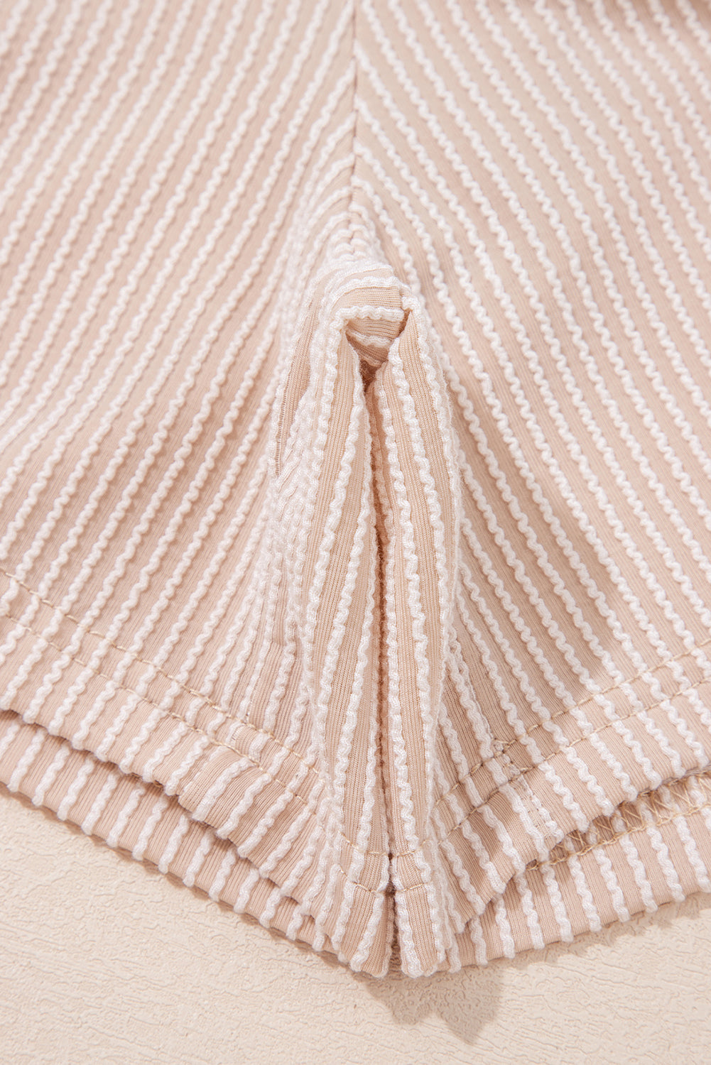 Parchment Spiral Ribbed Short Sleeve V Neck Buttoned Romper with Pocket