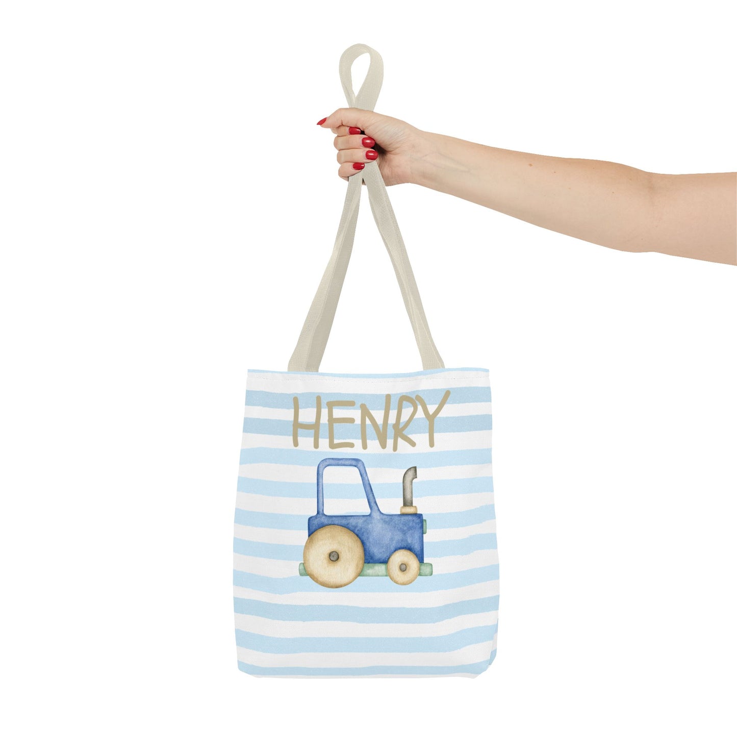 Personalized Kids' Blue Stripe Tote Bag with Tractor Design