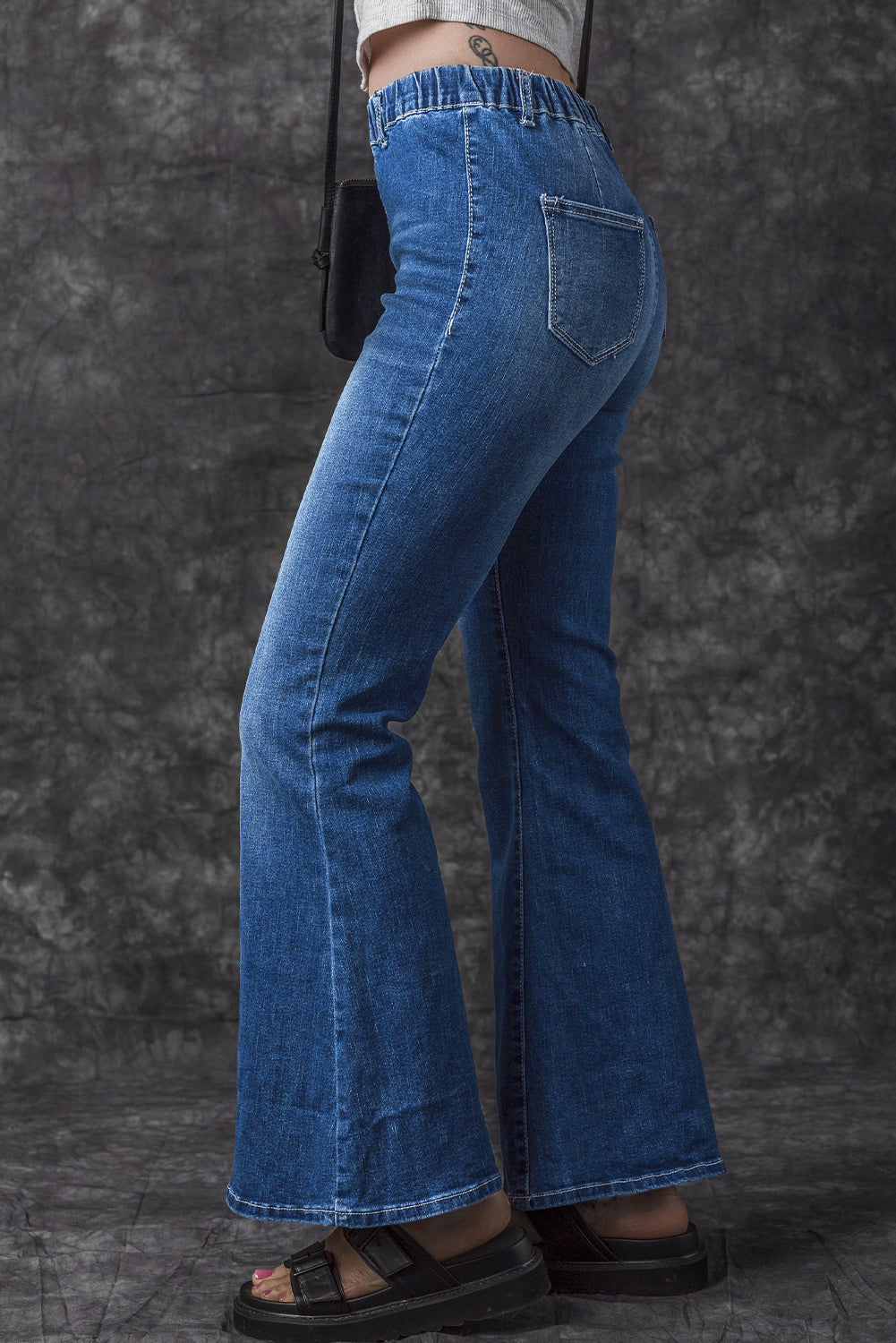 Blue Elastic High Waist Flare Jeans