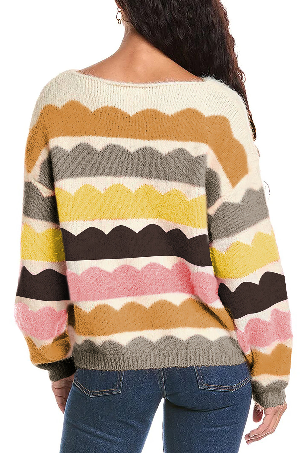 Gray Wave Striped Balloon Sleeve Drop Shoulder Sweater