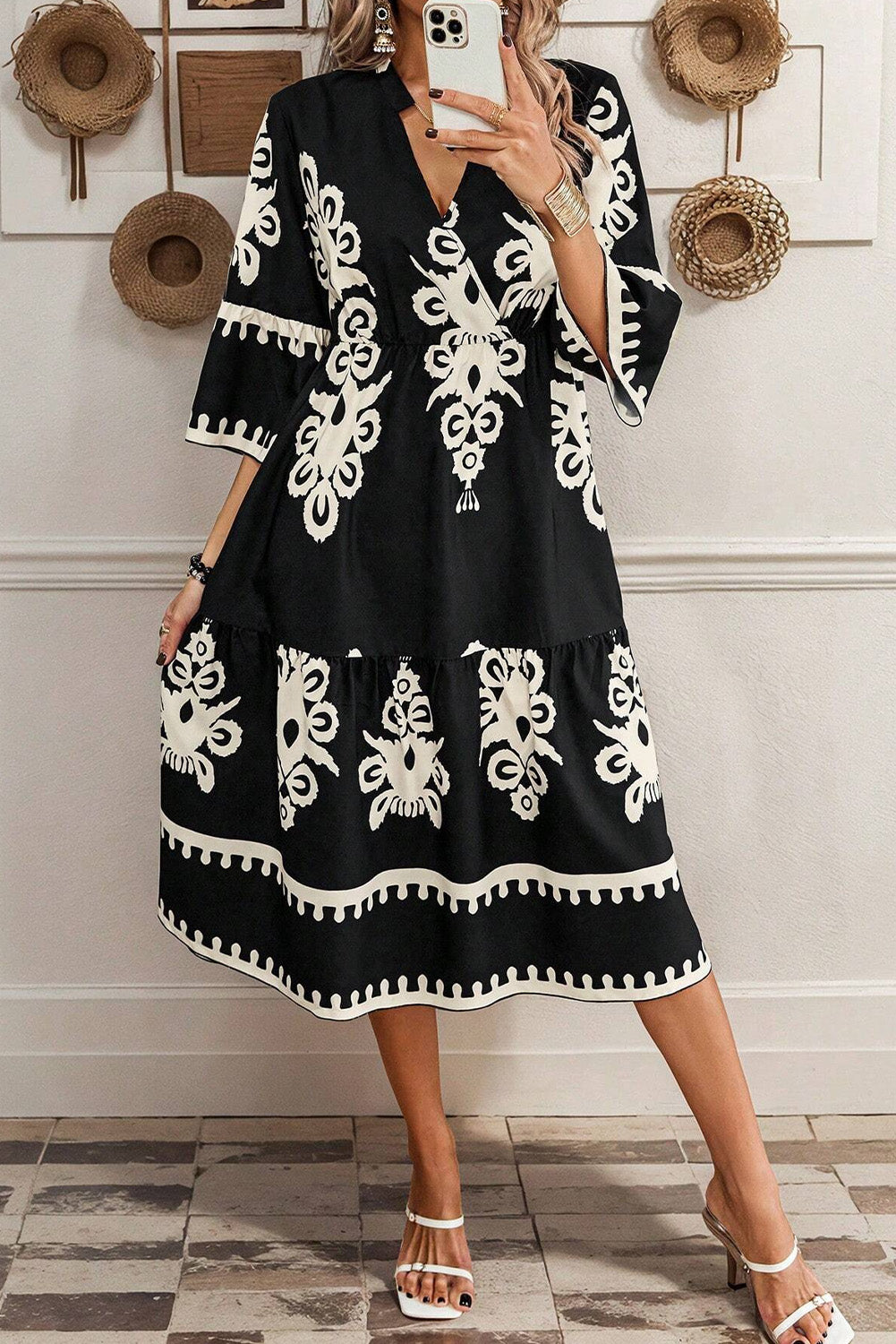 Black Geometric Print 3/4 Sleeve Midi Dress