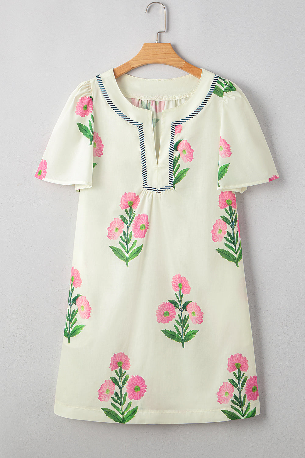 Rose Floral Short Sleeve Split Neck Loose Mini Dress