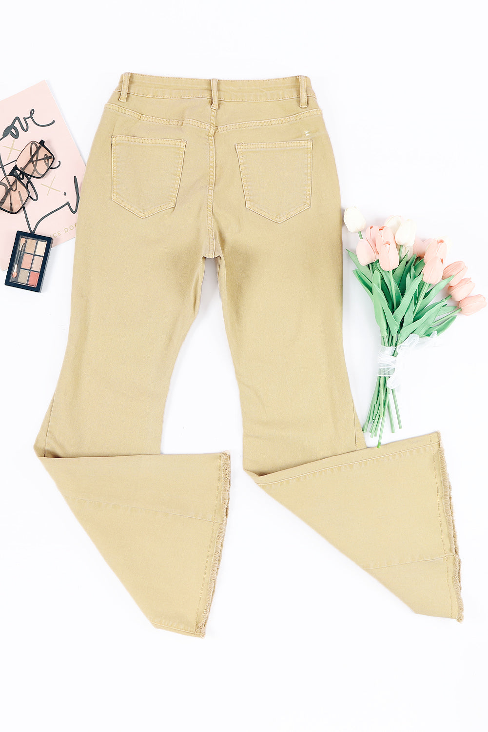 Khaki Raw Edge Mid Waist Flared Jeans