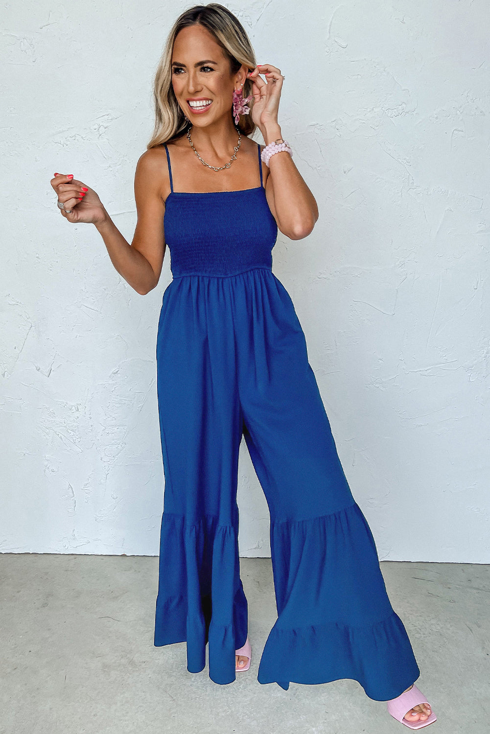 Navy Blue Spaghetti Straps Smocked Ruffled Wide Leg Jumpsuit