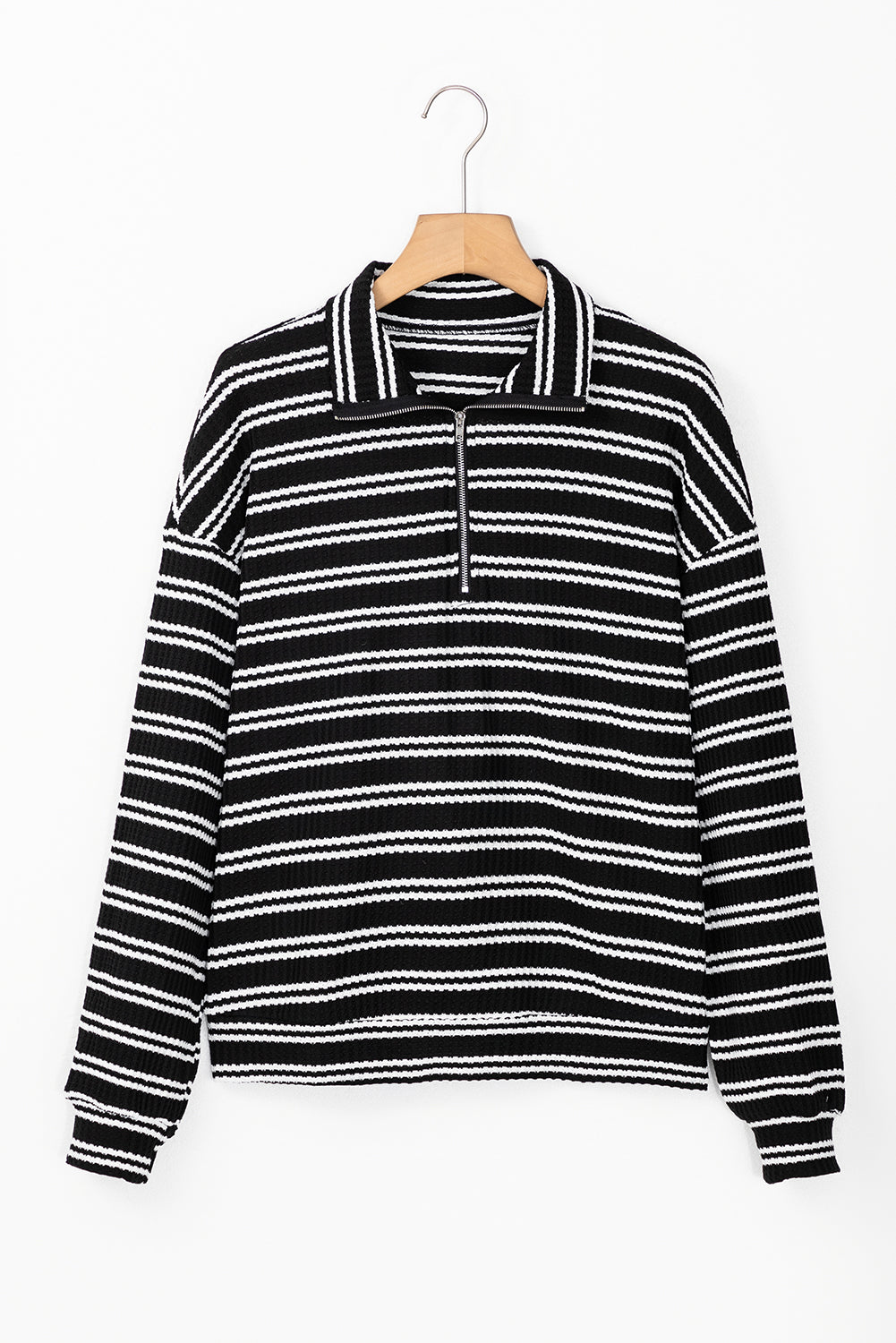 Black Stripe Textured Quarter Zip Collar Long Sleeve Top