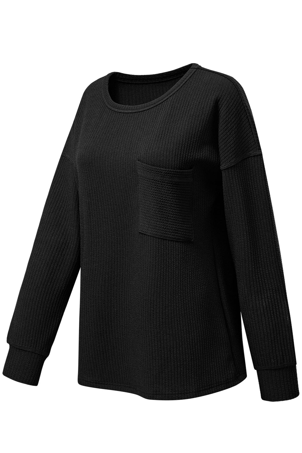 Black Solid Color Corded Drop Shoulder Long Sleeve Top