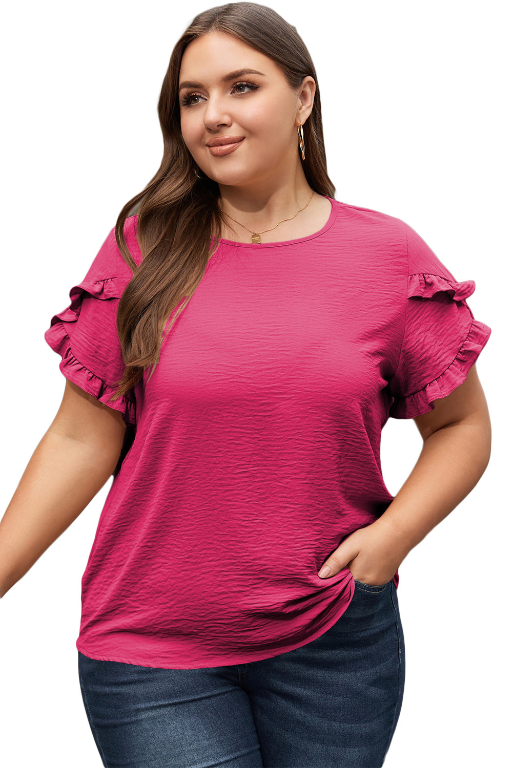 Dark Grey Ruffled Short Sleeve Plus Size Top