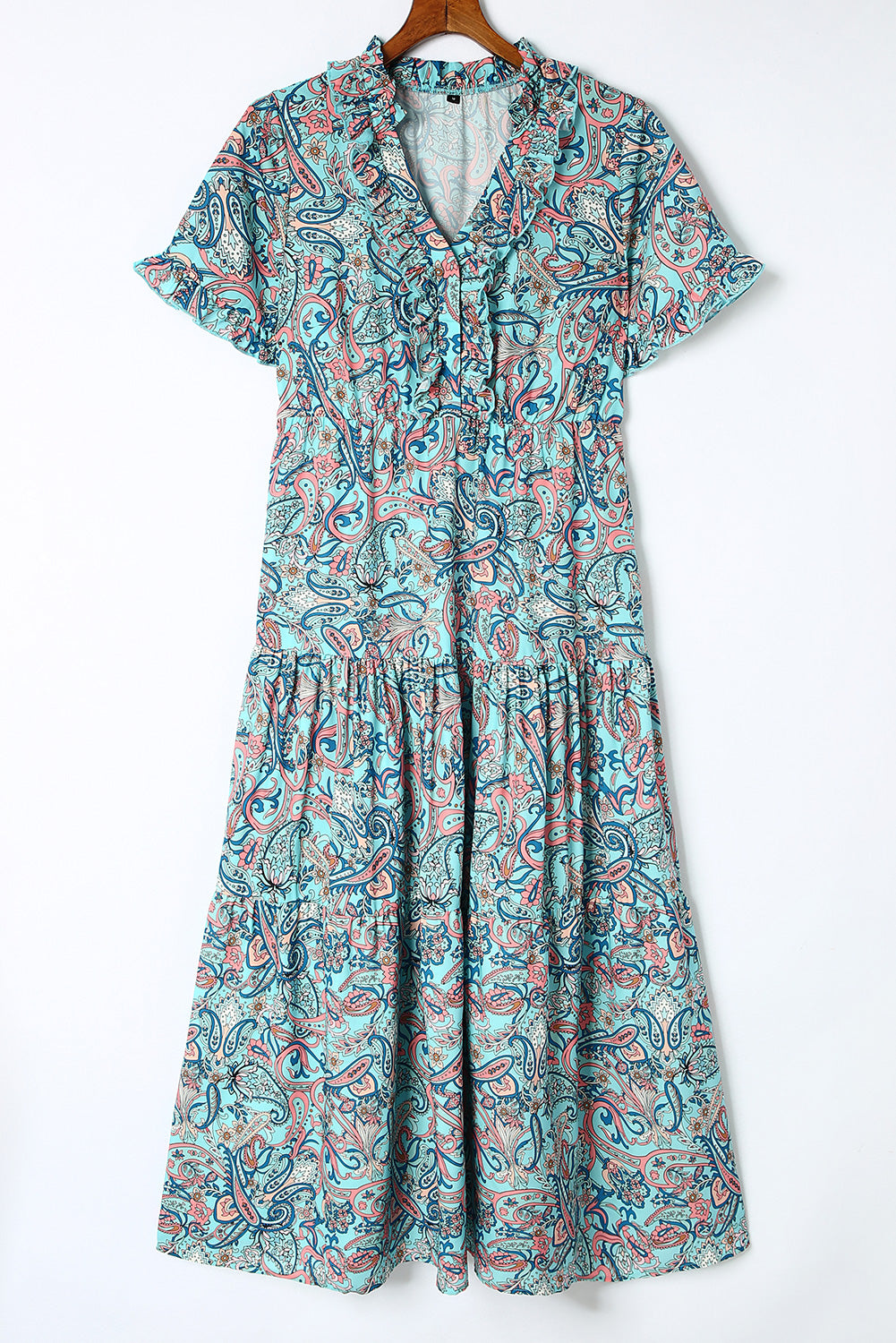 Sky Blue Paisley Print Boho Holiday Ruffle Tiered Maxi Dress